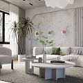 Modern Living Room Interior With Beige Sofa Coffee Table Pendant Lights And Green Circular Wall Decor