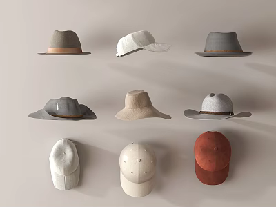 Various Stylish Hats in Neutral and Red Colors Displayed on Light Background 3d model