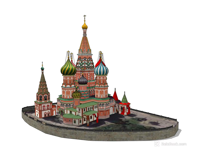 Historic Ancient Architecture With Colorful Domes Golden Spires And Red Brick Walls 3d model 