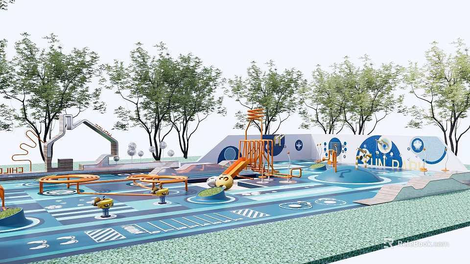 Colorful Children's Playground Featuring Slide Climbing Structure Trees And Safe Ground Patterns 3d model 