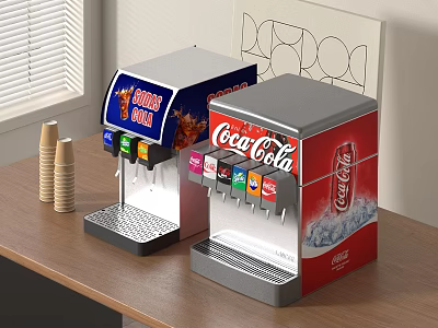 Modern Soda Dispenser Machines with Multiple Drink Options and Paper Cups on Wooden Countertop 3d model