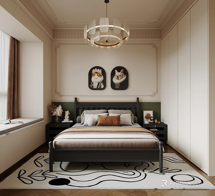 Elegant Bedroom Interior Design With Black Headboard Bed Cat Paintings Chandelier And Rug 3d model 