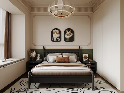 Elegant Bedroom Interior Design With Black Headboard Bed Cat Paintings Chandelier And Rug 3d model