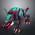 Game Movie Character Green Pink Mechanical Mutant Creature With Sharp Fangs Red Eyes Long Ears