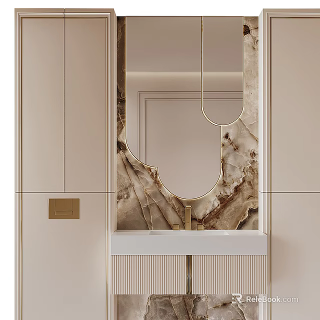 Elegant Modern Bathroom Vanity With Beige Cabinets Marble Mirror And Gold Faucet 3d model 