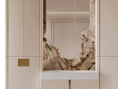 Elegant Modern Bathroom Vanity With Beige Cabinets Marble Mirror And Gold Faucet 3d model