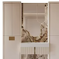 Elegant Modern Bathroom Vanity With Beige Cabinets Marble Mirror And Gold Faucet