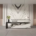 Modern Reception Desk With Black Frame Marble Countertop White Table Lamp And Green Plant