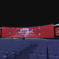 Large Event Stage Setup With Red Background Screen And Blue Seats Arrangement 3d model