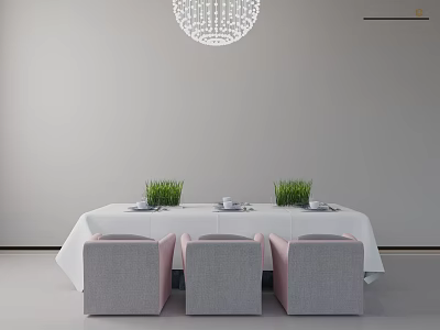 Simple Dining Table And Chairs Set With White Tablecloth Green Plants And Chandelier 3d model