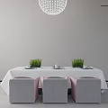 Simple Dining Table And Chairs Set With White Tablecloth Green Plants And Chandelier