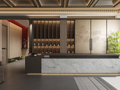 Elegant Hotel Lobby With Marble Reception Desk Wooden Grilles And Green Plants Decor 3d model