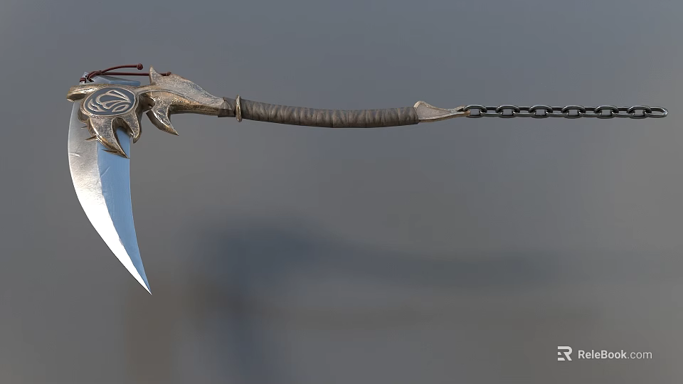 Traditional Weapon Featuring Silver Sharp Blade Leather Wrapped Handle Dragon Head Design And Metal Chain 3d model 