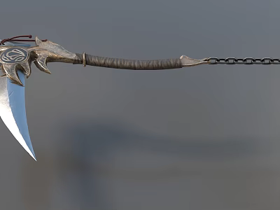 Traditional Weapon Featuring Silver Sharp Blade Leather Wrapped Handle Dragon Head Design And Metal Chain 3d model