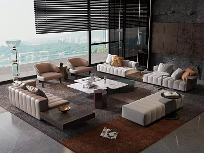 Modern Living Room Sectional Sofa And Coffee Table Set With Leather Upholstery And Marble Top 3d model