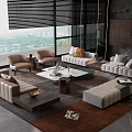 Modern Living Room Sectional Sofa And Coffee Table Set With Leather Upholstery And Marble Top