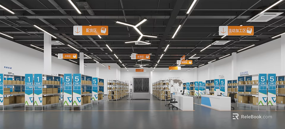 Logistics Picking Area Modern Interior With Shelves Cardboard Boxes And Ceiling Lighting 3d model 