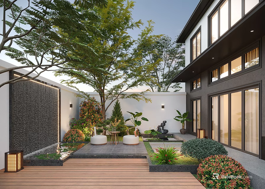 Modern Courtyard Garden Design With Lush Trees Stone Flooring And Wooden Deck 3d model 