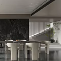 Modern Restaurant Dining Area With Round Table White Chairs Dark Wall And Green Plants