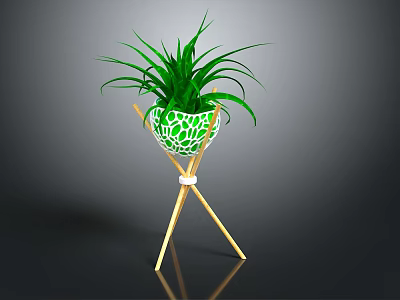 Green Plant with Long Leaves in Green Mosaic Pot on Wooden Tripod Stand 3d model