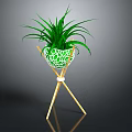 Green Plant with Long Leaves in Green Mosaic Pot on Wooden Tripod Stand