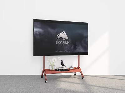 Modern Red TV Stand With Wheels Shelf And TV Screen SKY FILM Logo 3d model