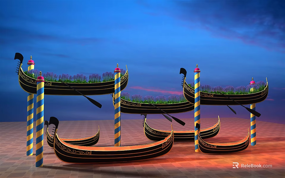 Scenic Gondolas With Striped Poles And Purple Plants Under Dusk Sky 3d model 