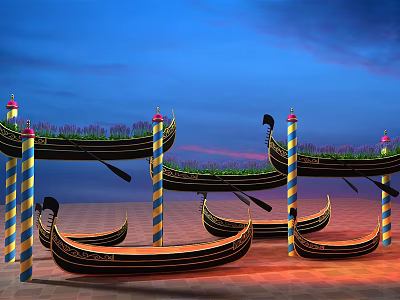 Scenic Gondolas With Striped Poles And Purple Plants Under Dusk Sky 3d model