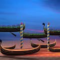 Scenic Gondolas With Striped Poles And Purple Plants Under Dusk Sky