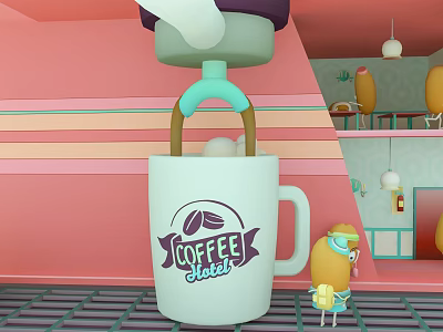 Cartoon Coffee Shop Scene With Large Mug Coffee Sign And Yellow Character 3d model
