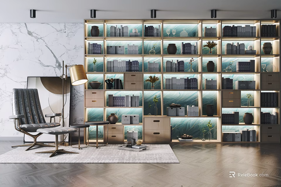 Modern Bookcase Interior Design With Glass Shelves Decorative Vases Plants And Floor Lamp 3d model 