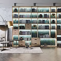 Modern Bookcase Interior Design With Glass Shelves Decorative Vases Plants And Floor Lamp