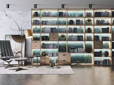 Modern Bookcase Interior Design With Glass Shelves Decorative Vases Plants And Floor Lamp 3d model