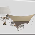 Outdoor Tents With Brown Gray Canopies String Lights Wooden Chairs And Table