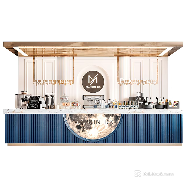 Stylish Bar Interior With Blue Counter Moon Pattern Gold Accents Coffee Machine And Wine Bottles 3d model 