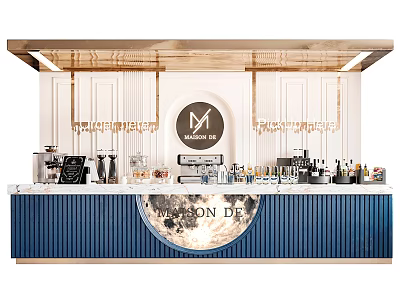 Stylish Bar Interior With Blue Counter Moon Pattern Gold Accents Coffee Machine And Wine Bottles 3d model