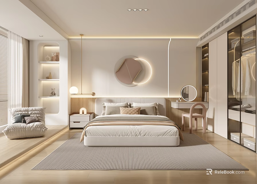 Modern Minimalist Bedroom Interior Design With Bedside Table Circular Decor And Striped Rug 3d model 