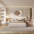 Modern Minimalist Bedroom Interior Design With Bedside Table Circular Decor And Striped Rug