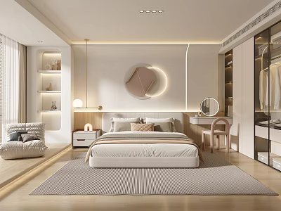 Modern Minimalist Bedroom Interior Design With Bedside Table Circular Decor And Striped Rug 3d model