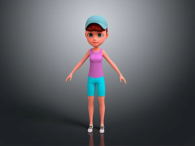 Cartoon Girl With Blue Cap Purple Tank Top Blue Shorts White Shoes And Gray Background 3d model