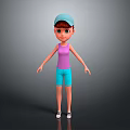 Cartoon Girl With Blue Cap Purple Tank Top Blue Shorts White Shoes And Gray Background