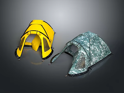 Yellow and Camouflage Outdoor Camping Tents with Mesh Windows and Door Entrance 3d model