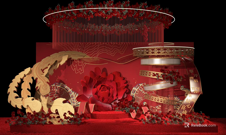 Chinese Wedding Ceremony Decorations With Red Gold Phoenix Flower And Circular Staircase Design 3d model 