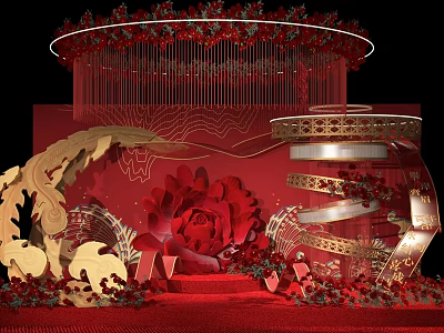 Chinese Wedding Ceremony Decorations With Red Gold Phoenix Flower And Circular Staircase Design 3d model