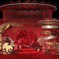 Chinese Wedding Ceremony Decorations With Red Gold Phoenix Flower And Circular Staircase Design