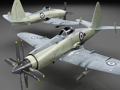 Vintage Green Fighter Plane Models Featuring RAF Roundels And Worn Details 3d model