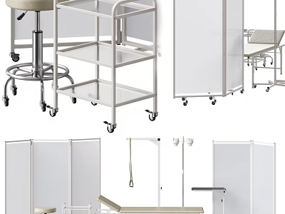 Medical Equipment Including Mobile Cart Partition Screen Examination Table And Stool 3d model