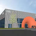 Modern Audi Showroom Building With Orange Arch Entrance Trees And People