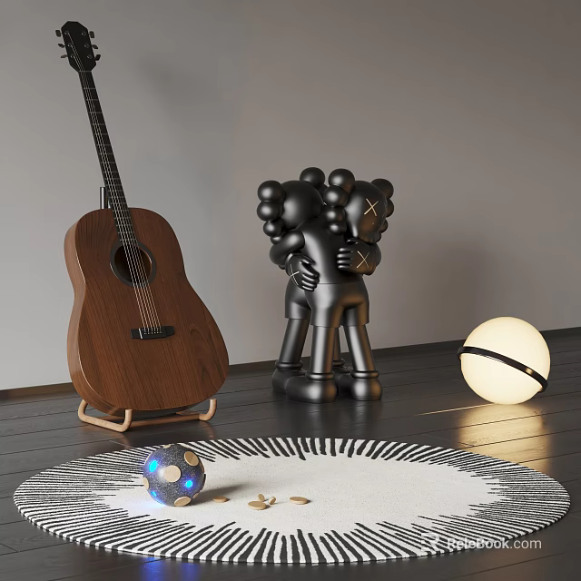 Wooden Guitar And Black Sculpture Art Supplies In Modern Interior With Marble Ball And Rug 3d model 