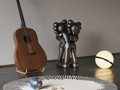 Wooden Guitar And Black Sculpture Art Supplies In Modern Interior With Marble Ball And Rug 3d model
